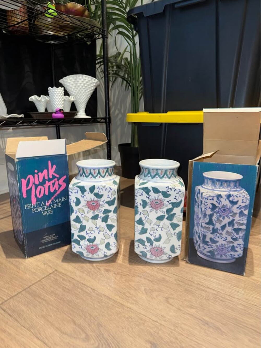 Vtg Sq Pink Blue Green White Chinoiserie Tall Vase Porcelain Rose China Chinese